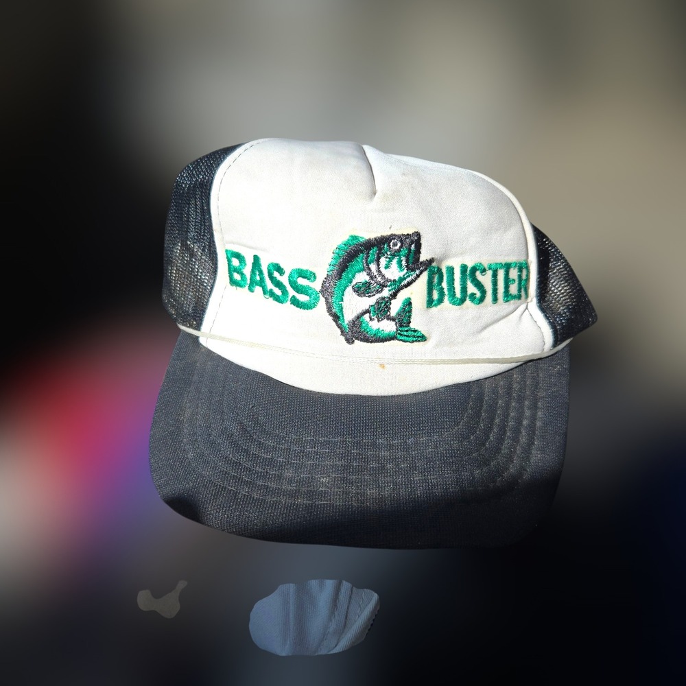 Vintage Fishing Trucker Hat Bass Buster OSFM Snapback Black White Green GUC 80s